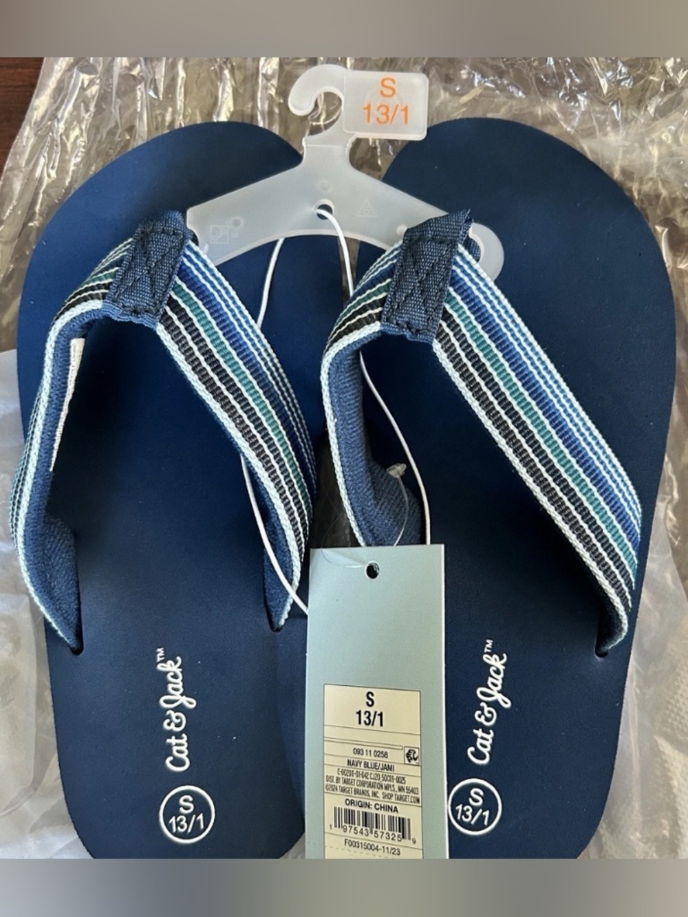 Cat & Jack Navy Blue Flip Flop Sandals with Striped Fabric Straps